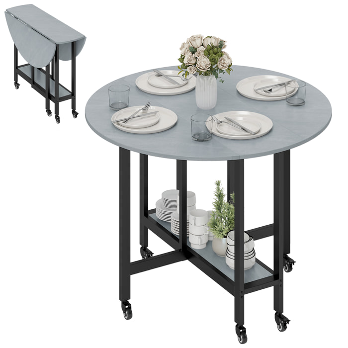 Mesa Plegable de Comedor para 2-4 Personas, Mesa de Cocina Plegable con Ruedas, Alas Abatibles, Estante Abierto, para Salón, 100x100x75 cm, Gris Cemento