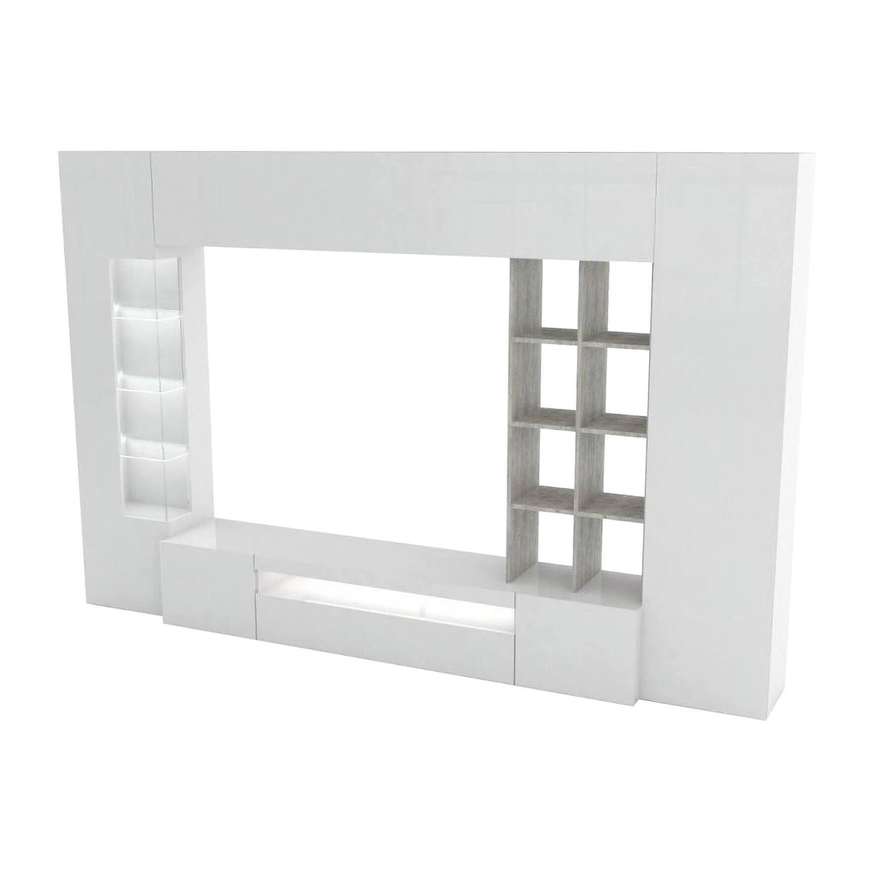 Parete attrezzata da soggiorno, Made in Italy, Base porta TV e pensili e scaffali, Set salotto moderno, cm 290x40h192, colore Bianco lucido e Cemento