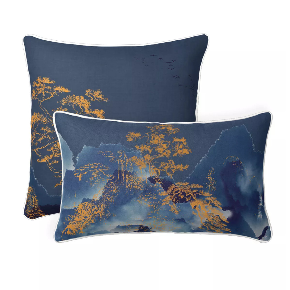 Taie d'oreiller satin de coton imprimé bleu or Fuji nocturne