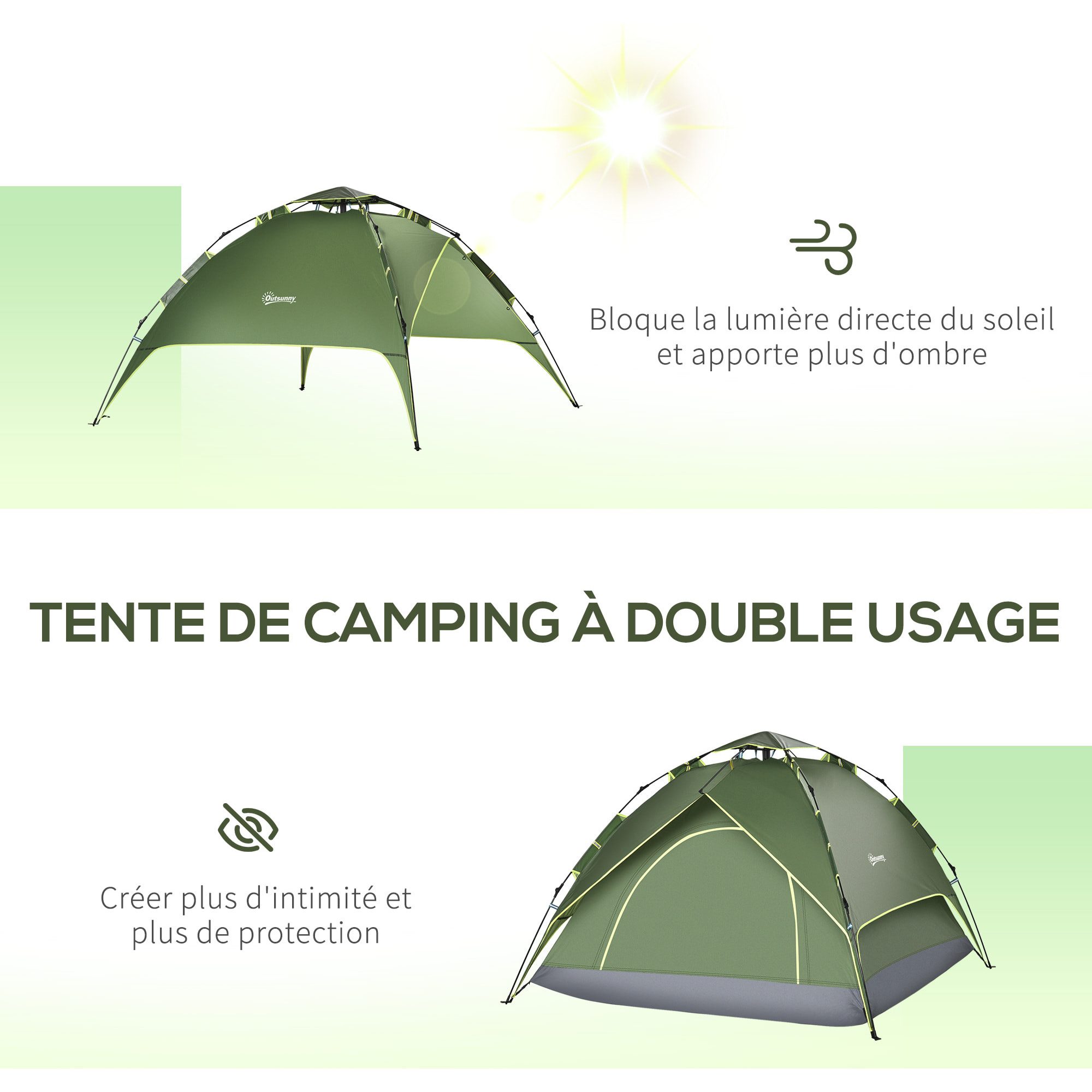 Tente de camping pop up 2-3 personnes 2 portes vert kaki montage démontage facile sac de transport inclus fibre verre polyester