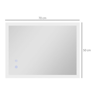 Miroir mural lumineux LED de salle de bain - 70L x 50l cm - avec 3 couleurs, luminosité réglable interrupteur tactile système antibuée transparent