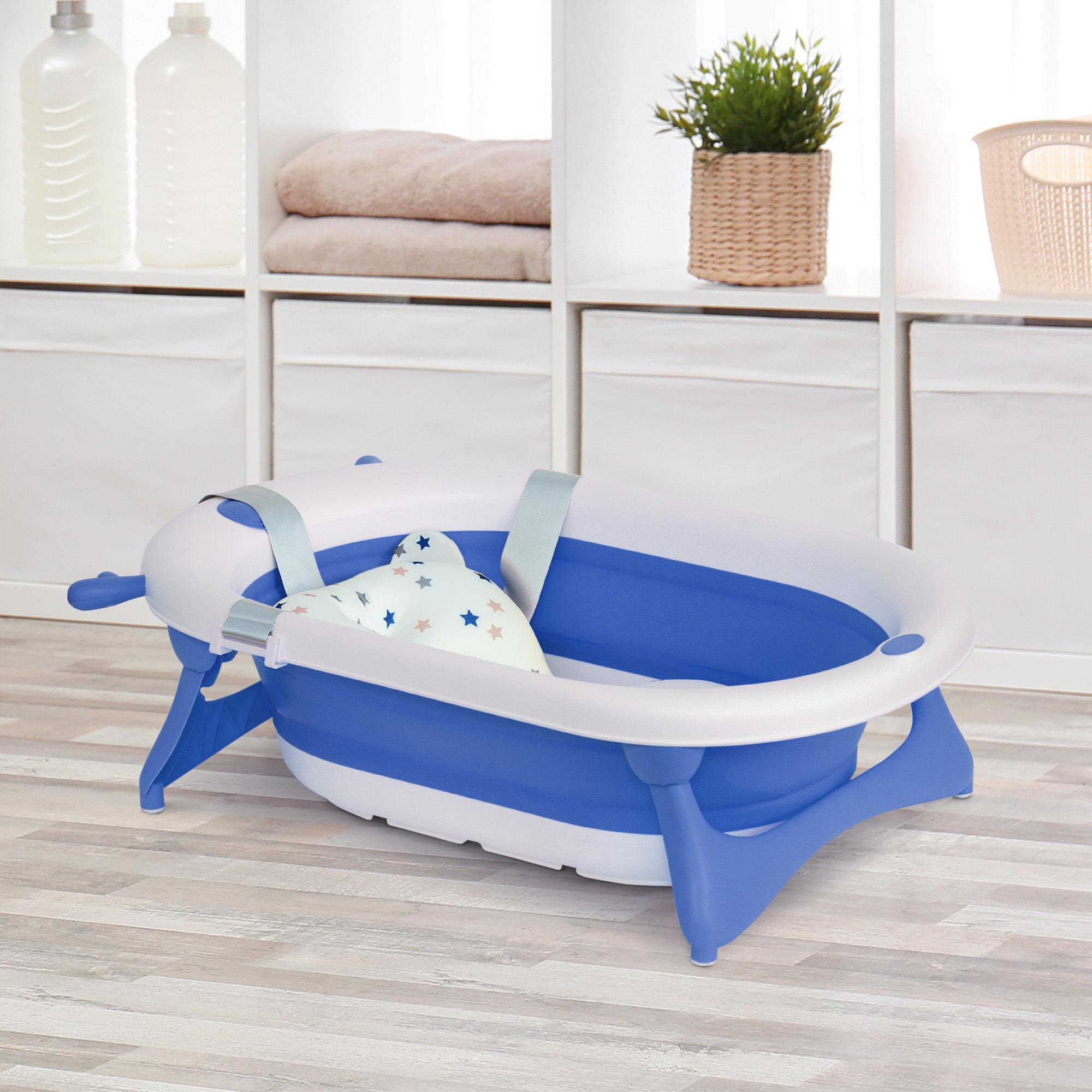 Bañera Plegable para Bebé Recién Nacido hasta 3 Años 35 Litros con Tapón Termosensible Cojín y Almohadillas Antideslizantes 81,5x50,5x23,5 cm Azul