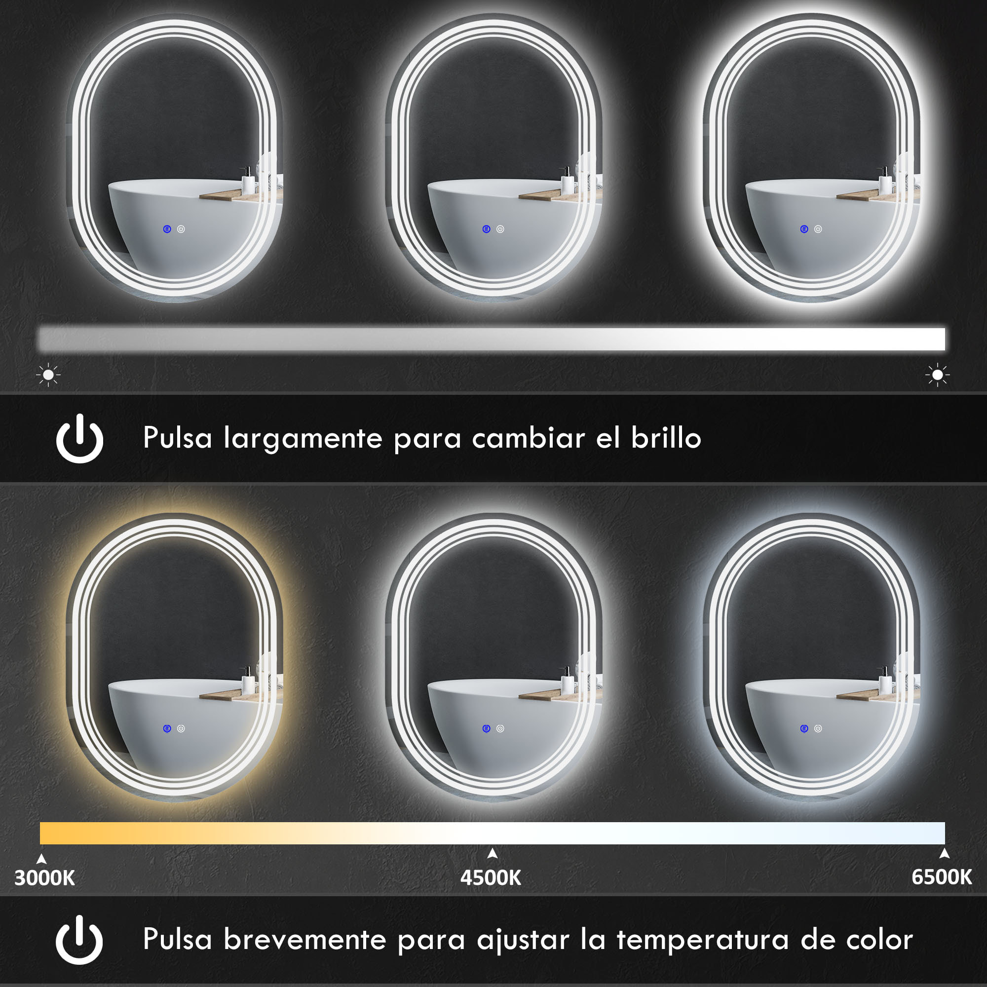 Espejo Baño con Luz, 70x50 cm, Espejo de Pared con 3 Colores de Luz, Brillo Regulable, Función Antivaho, Función de Memoria, Interruptor Táctil, IP44, Horizontal/Vertical