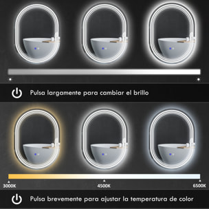 Espejo Baño con Luz, 70x50 cm, Espejo de Pared con 3 Colores de Luz, Brillo Regulable, Función Antivaho, Función de Memoria, Interruptor Táctil, IP44, Horizontal/Vertical
