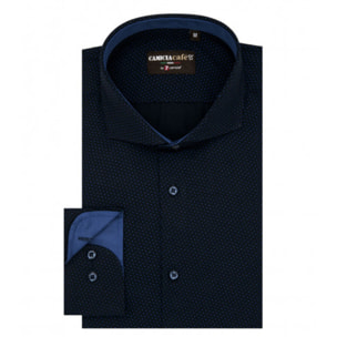 Camicia Uomo 1 Bottone Francese Slim Cotone Poliestere Stampato Blu Scuro Avion