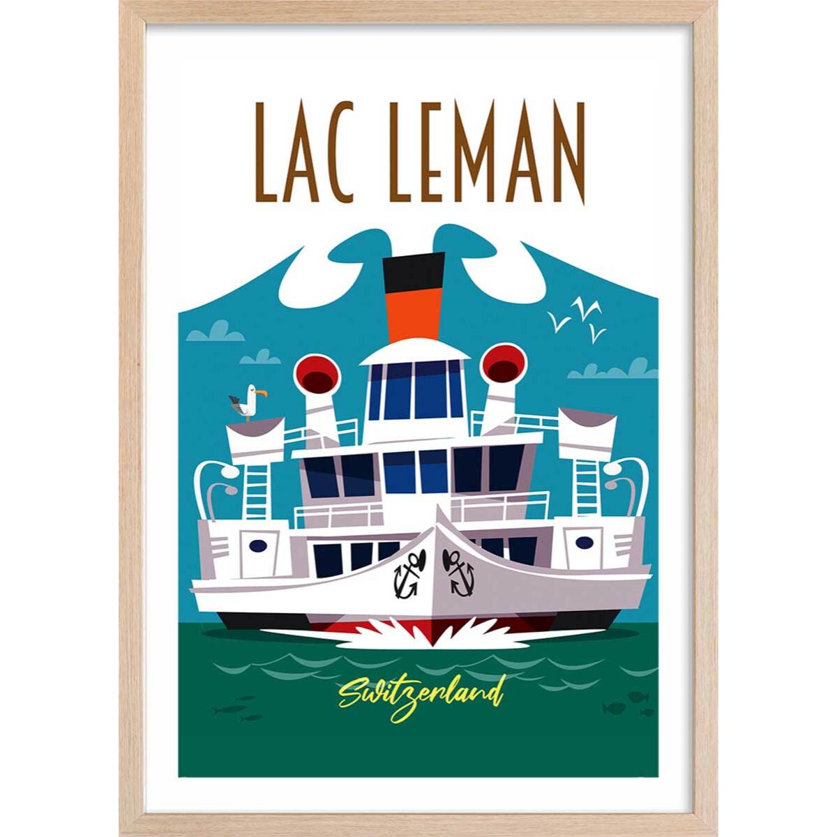 Poster de le lac leman Affiche + cadre en bois - Chêne