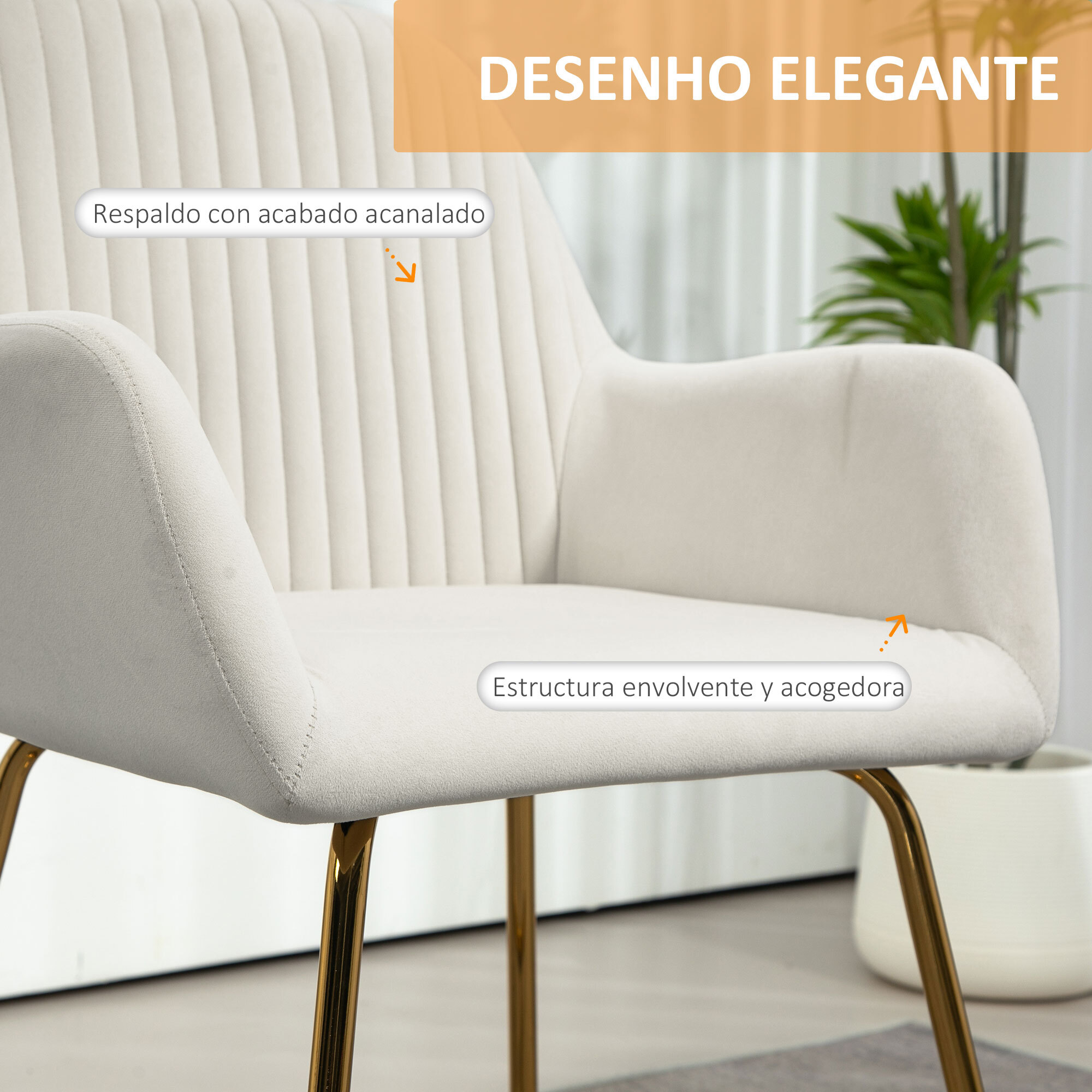 Butaca de Salón Sillón de Salón Tapizado en Terciopelo con Asiento Acolchado Base Metálica Cruzada Sillón Lectura para Sala de Estar Dormitorio Crema