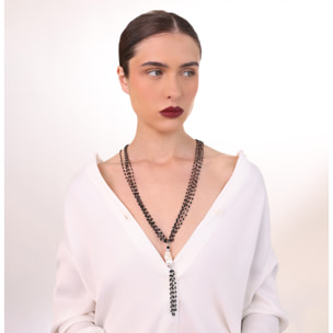 Collana Lunga Multifilo a Cravatta in Argento 925 placcato Oro Bianco 18Kt con Spinelli Neri e Perla Scaramazza d'Acqua Dolce 26x16 mm
