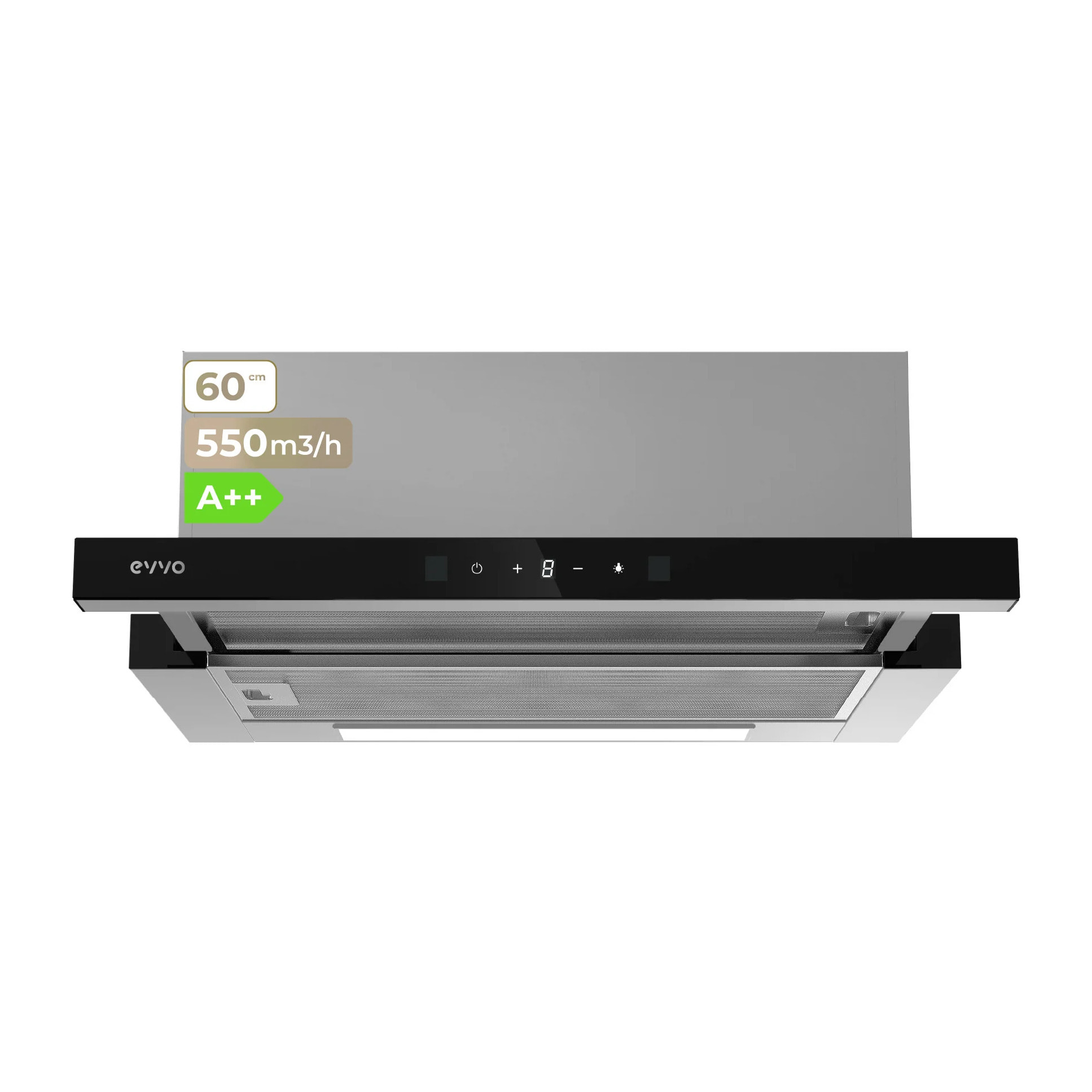 Campana Extractora Telescópica EVVO CE12 Black, 60 cm, 550 m³/h, 3 Velocidades, Energía A++
