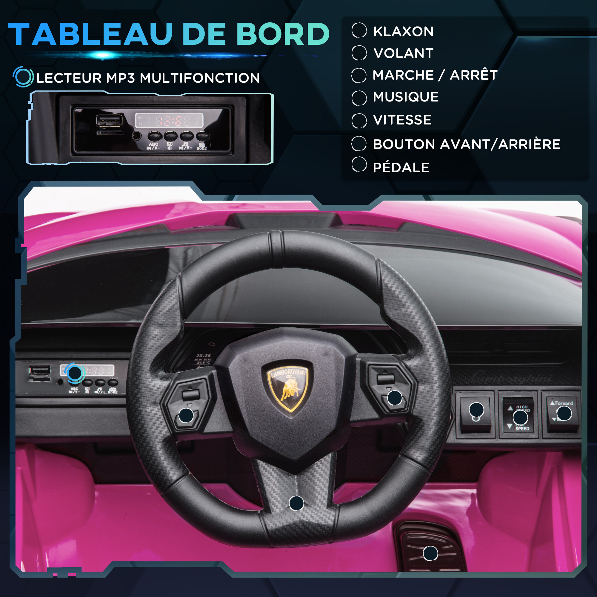 Voiture électrique enfant de sport supercar 12 V - V. max. 5 Km/h effets sonores + lumineux rose