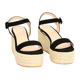Zeppe nere in microfibra, platform in rafia 8,5 cm