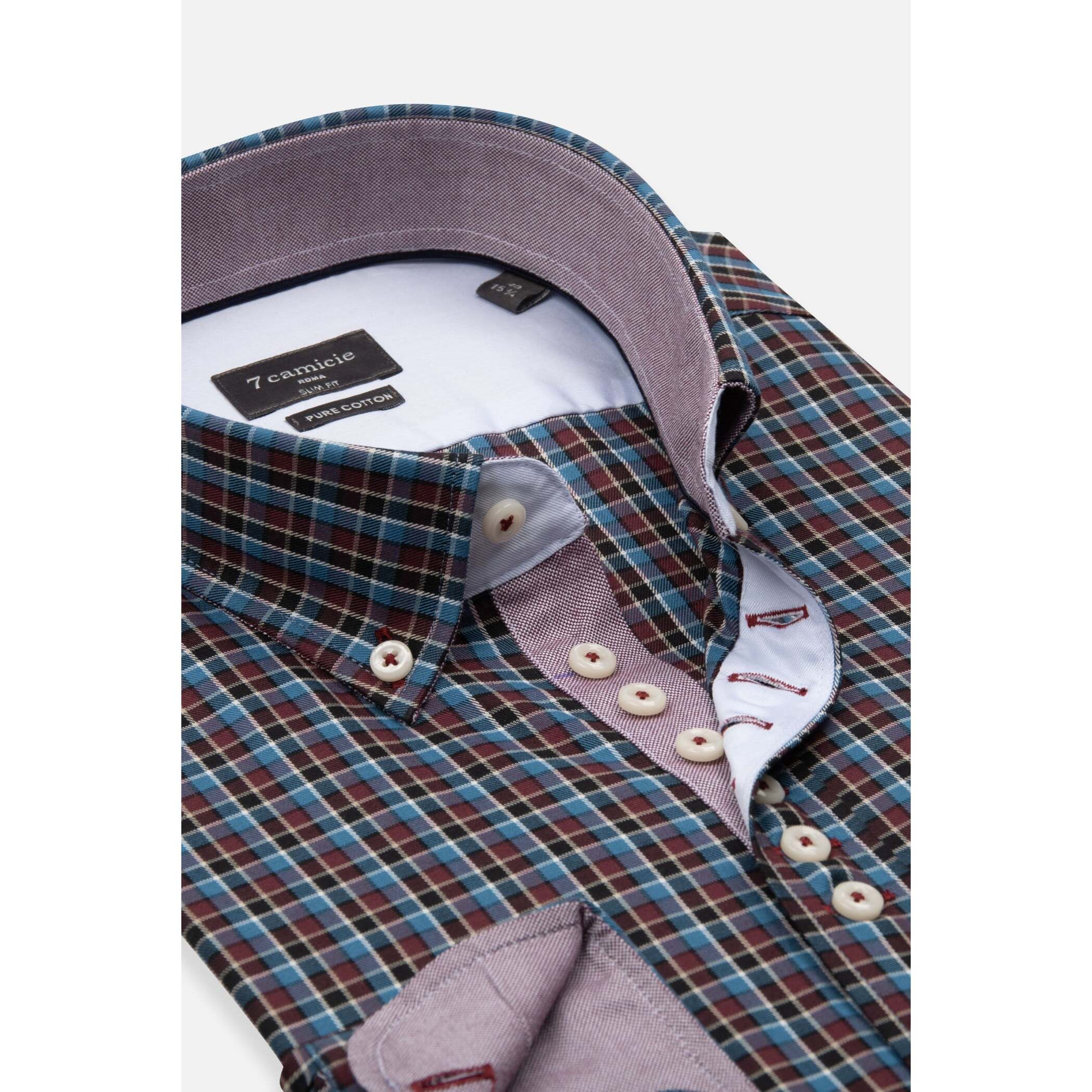 Camicia Uomo 1 Bottoni Button Down Slim Twill Quadro Medio Bordeaux e Blu Chiaro