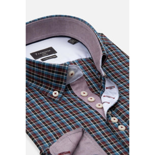 Camicia Uomo 1 Bottoni Button Down Slim Twill Quadro Medio Bordeaux e Blu Chiaro