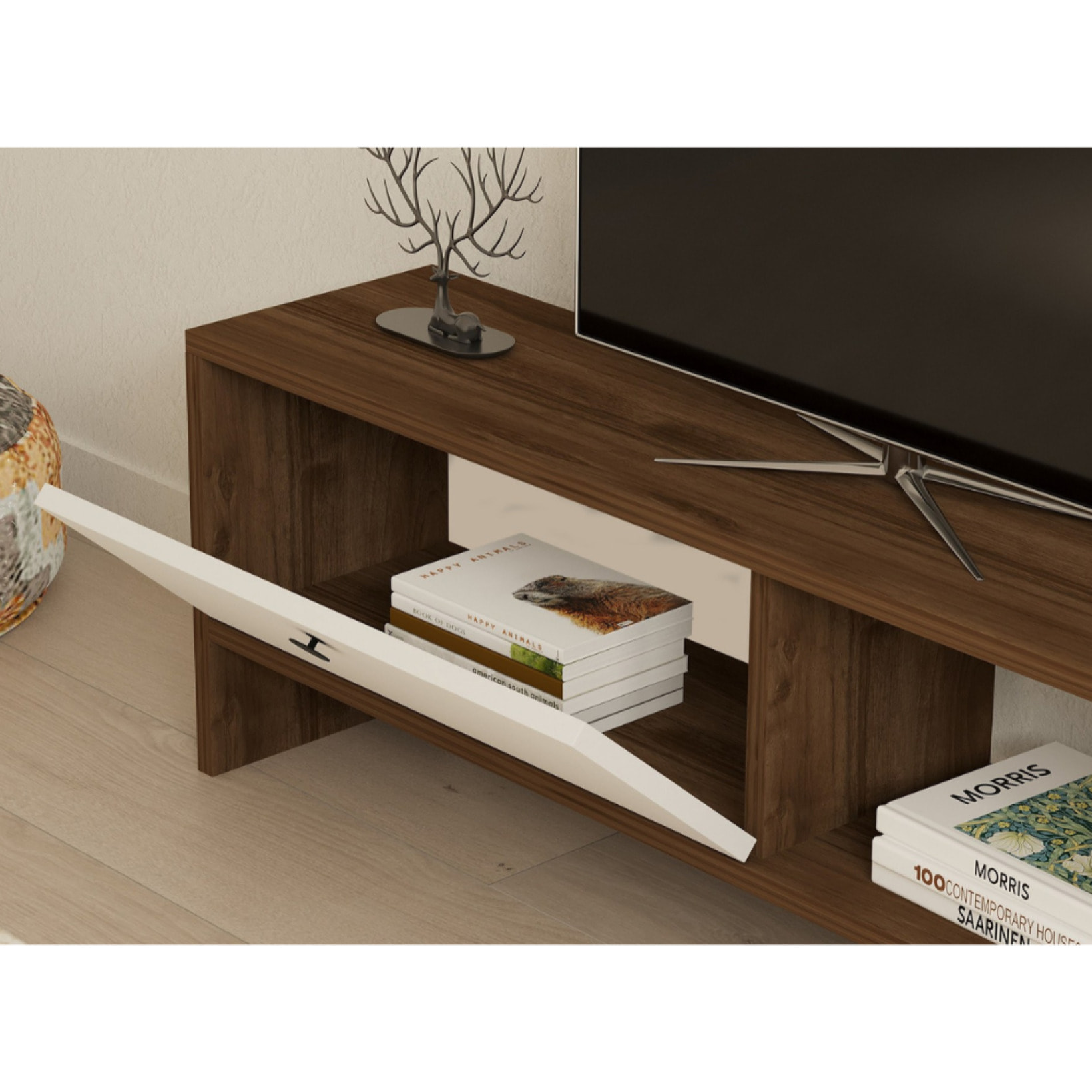 Meuble TV bois et blanc avec rangement 120 cm YENDI