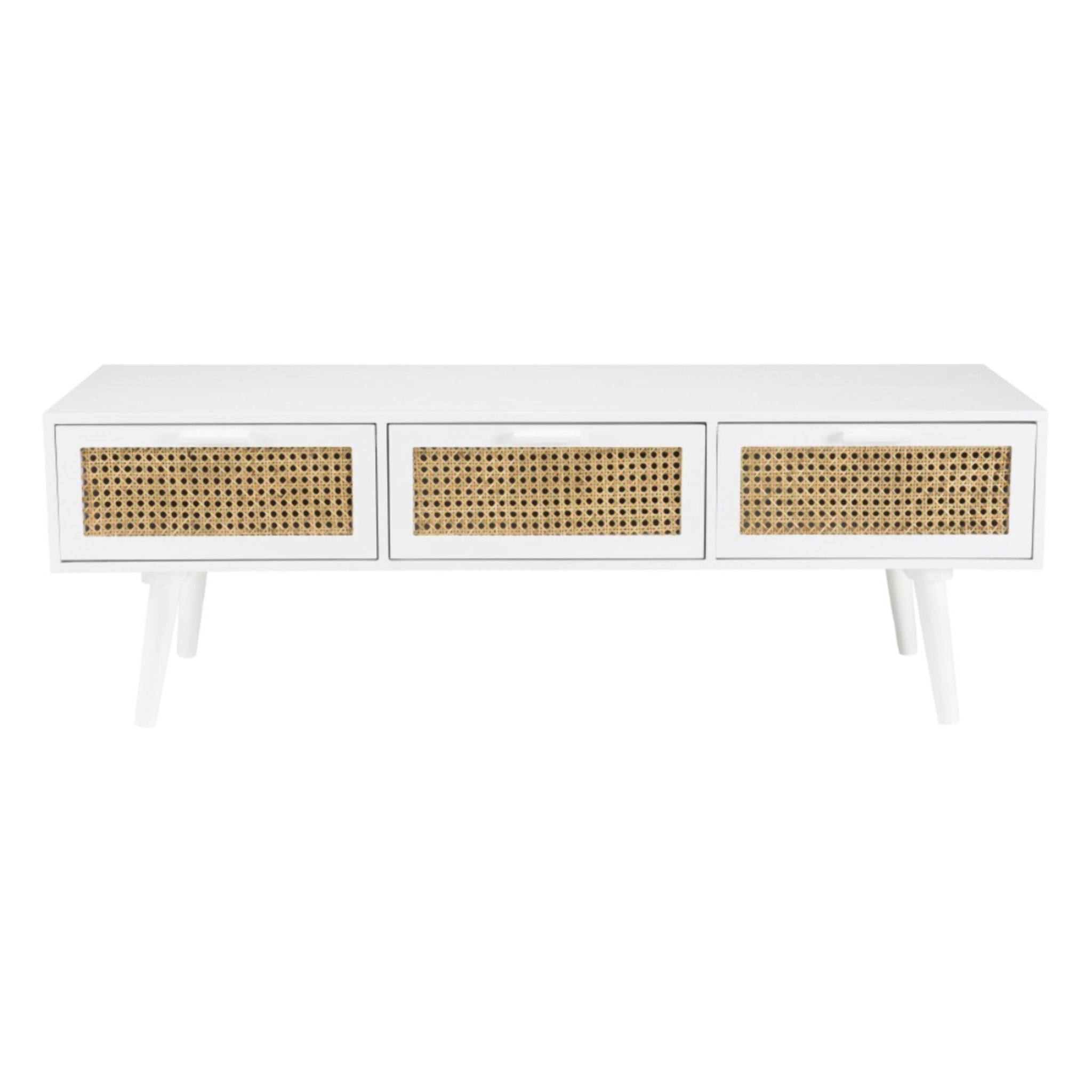 SANDRO - Meuble TV blanc 3 tiroirs cannage naturel