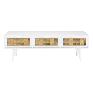 SANDRO - Meuble TV blanc 3 tiroirs cannage naturel