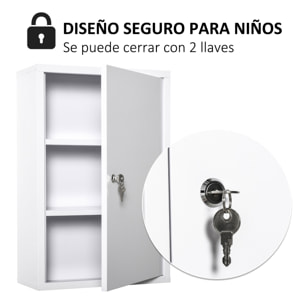 kleankin Armario Botiquín de Pared Botiquín de Emergencia de Metal con 3 Estantes de Almacenaje y Cerradura con 2 Llaves para Baño Cocina 40x18x60 cm Blanco