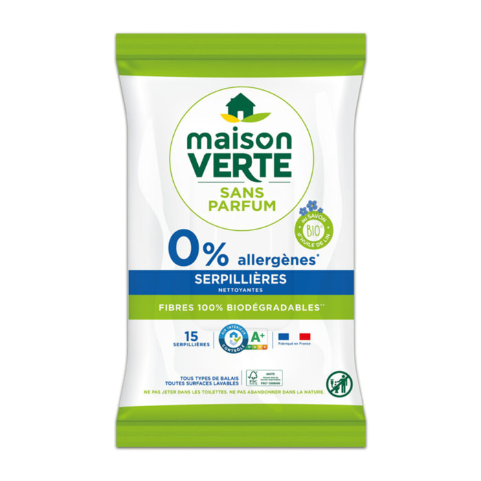 Pack de 3 - Maison Verte - paquets de 15 serpillères biodégradables -15 serpillères