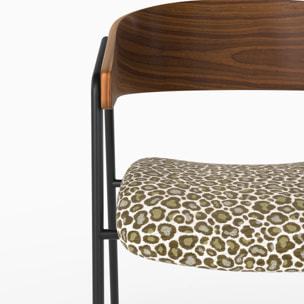 Lot de 2 chaises en tissu léopard vert kaki et bois de noyer - Esmée