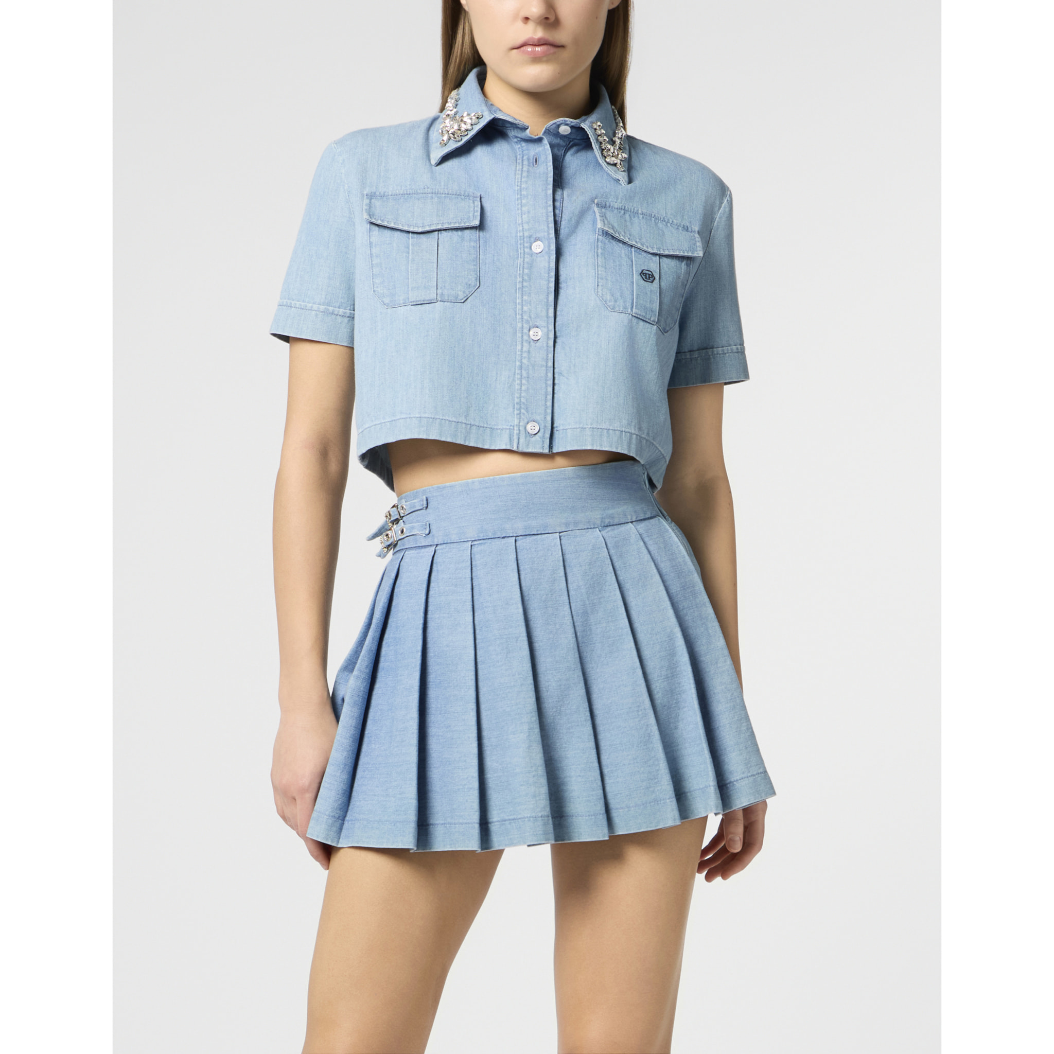 PHILIPP PLEIN Chambray Cropped Shirt Crystals