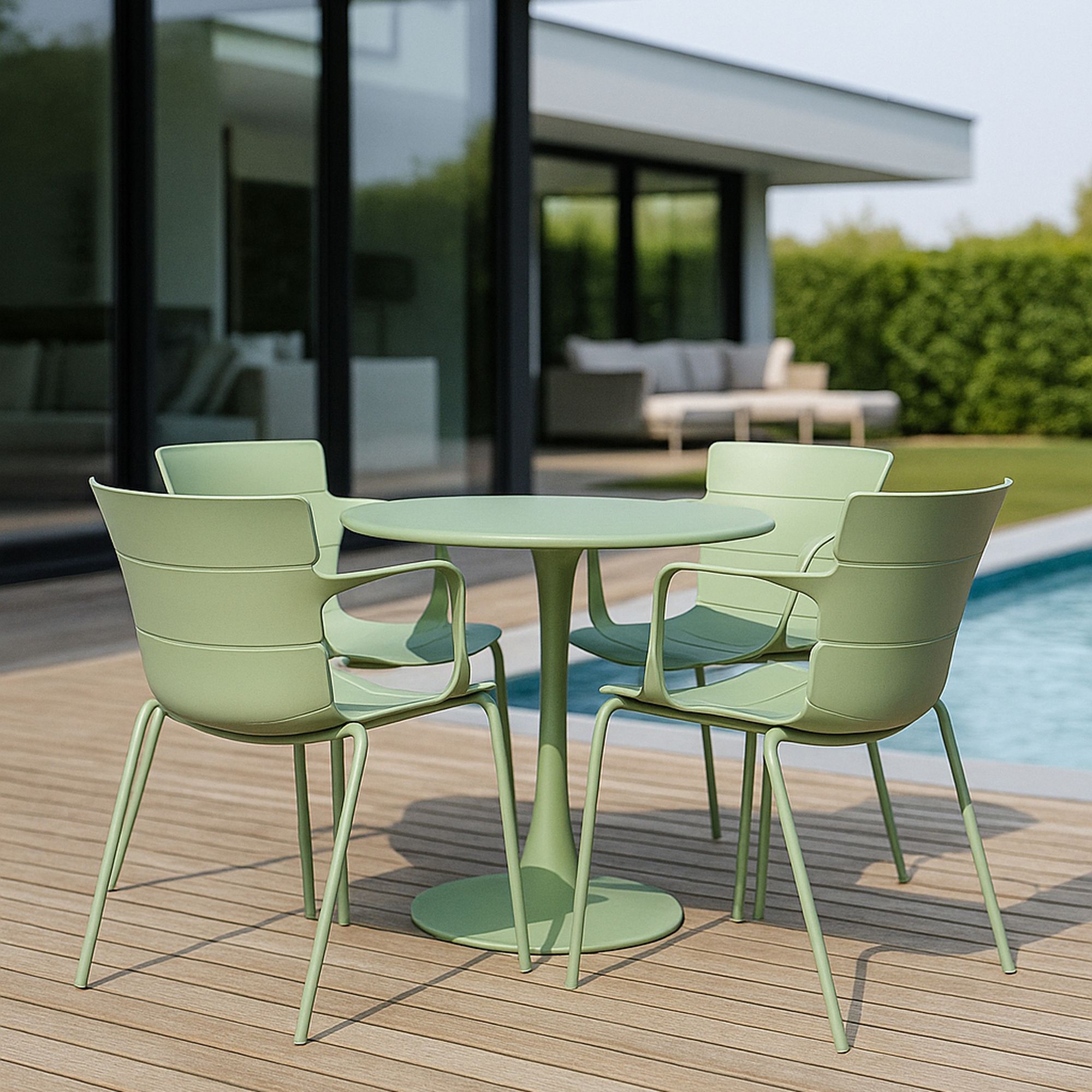 Ensemble de repas table et 4 fauteuils en polypropylène vert MONTAUK
