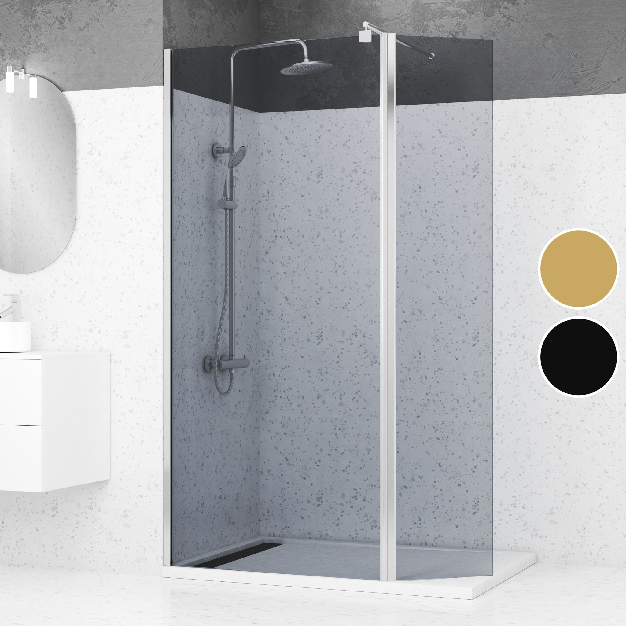 Paroi de Douche et Volet Pivotant 90+40x200cm - Verre Fumé + Barre Fixation Chrome