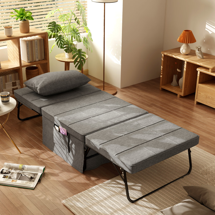 Sofá Cama de 1 Plaza 4 en 1, Sillón Cama Plegable, Otomana, Tapizado en Lino, con Respaldo Ajustable de 5 Niveles, Almohada Acolchada, para Oficina, Dormitorio, Salón, 75x80x74 cm, Gris