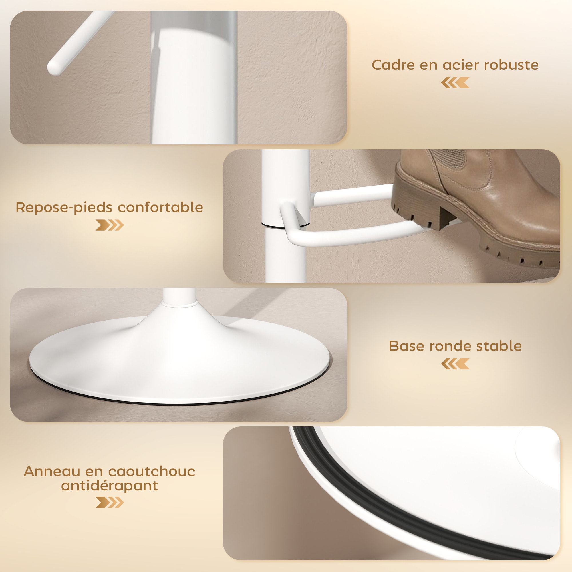 Lot de 2 tabourets de bar réglables pivotants assise ronde bois hévéa acier blanc
