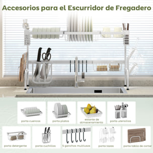 Escurreplatos sobre Fregadero de Acero Escurridor de Platos de 2 Niveles con Soporte para Tabla de Cortar Soporte de Cubiertos 100x30x54,5 cm Blanco