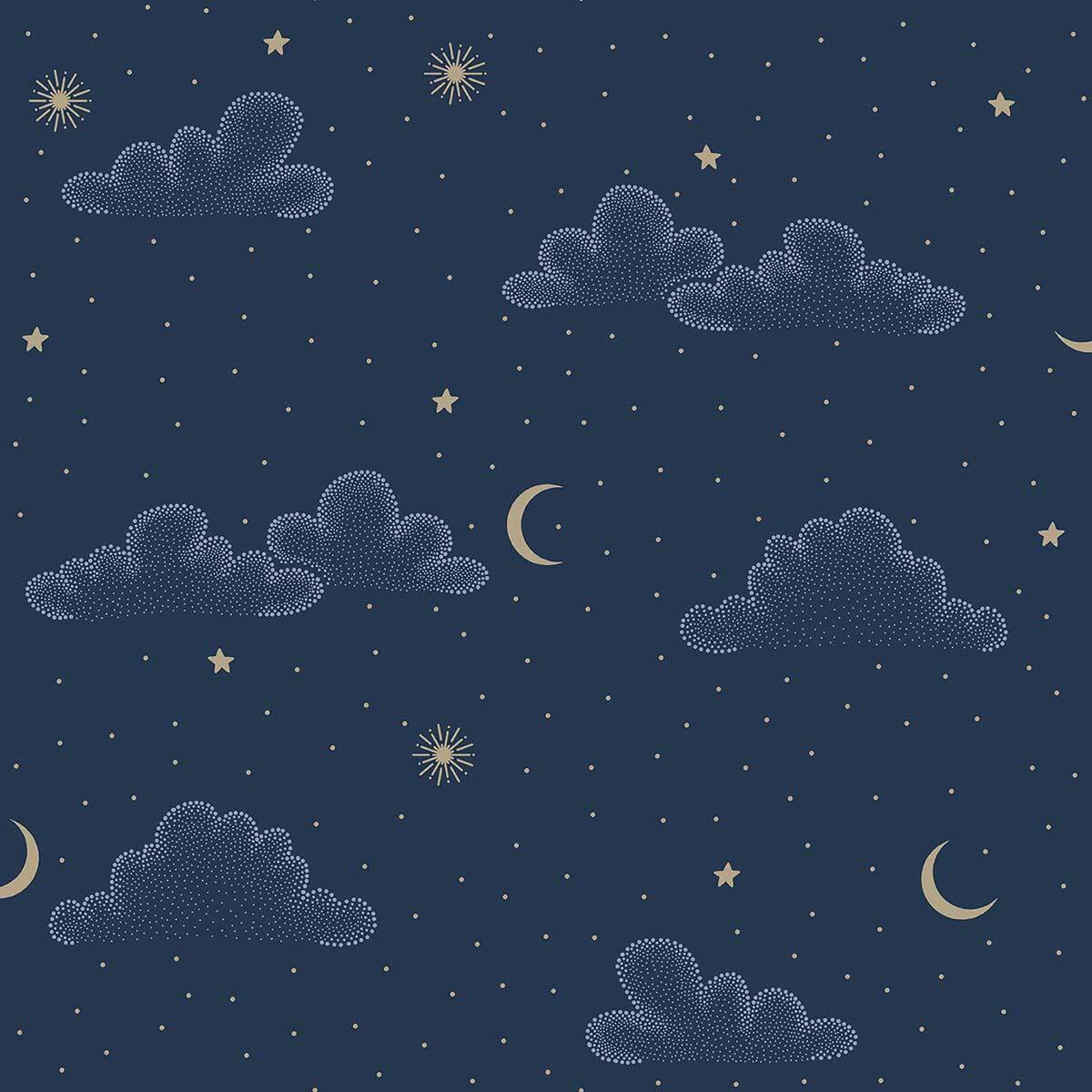 Papier peint nuages étoiles lune fond bleu nuit