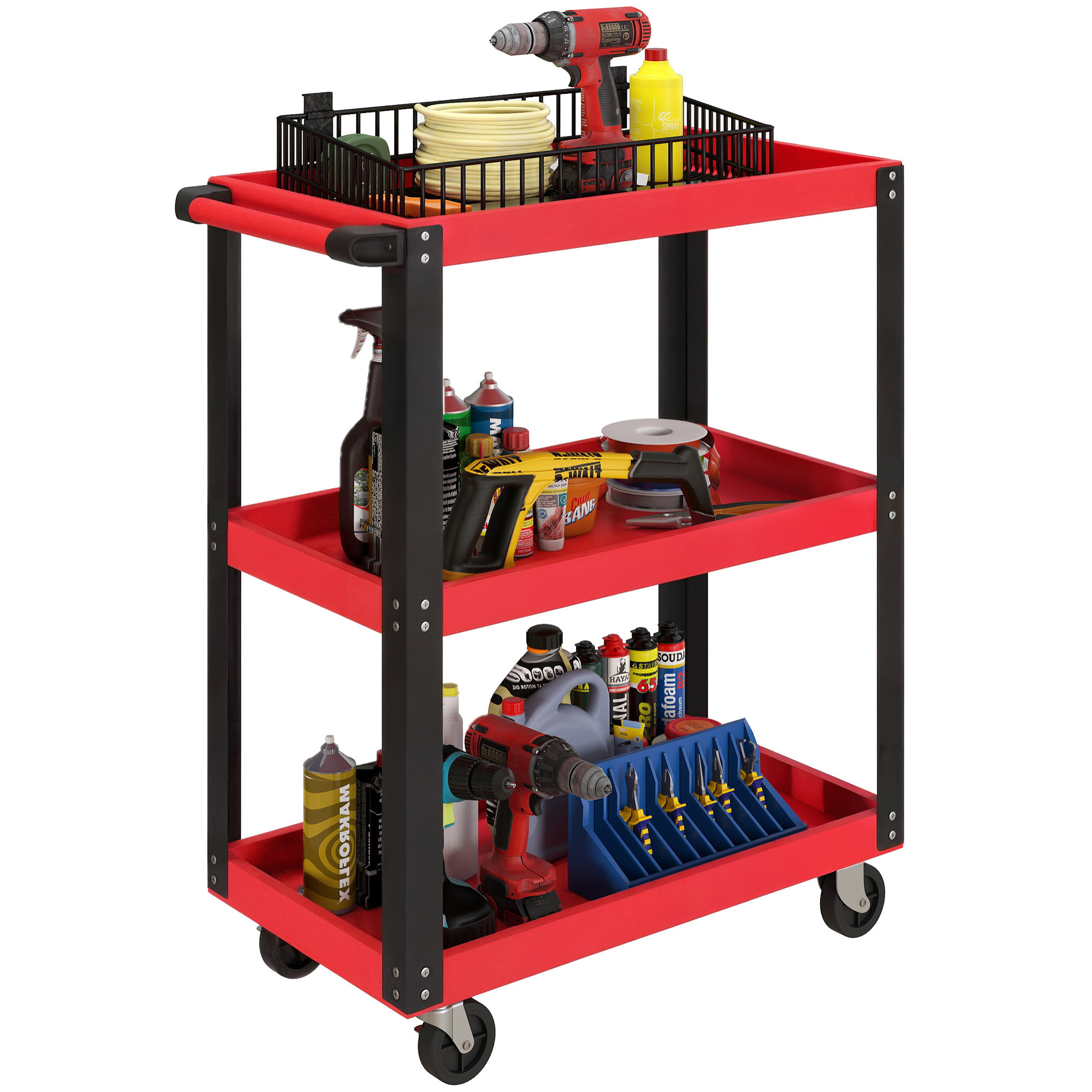 Carro de Taller, Carro de Herramientas con 3 Estantes, Ruedas con Frenos y Asa Lateral, para Garaje Mecánico, Hogar, Carga 120 kg, Rojo