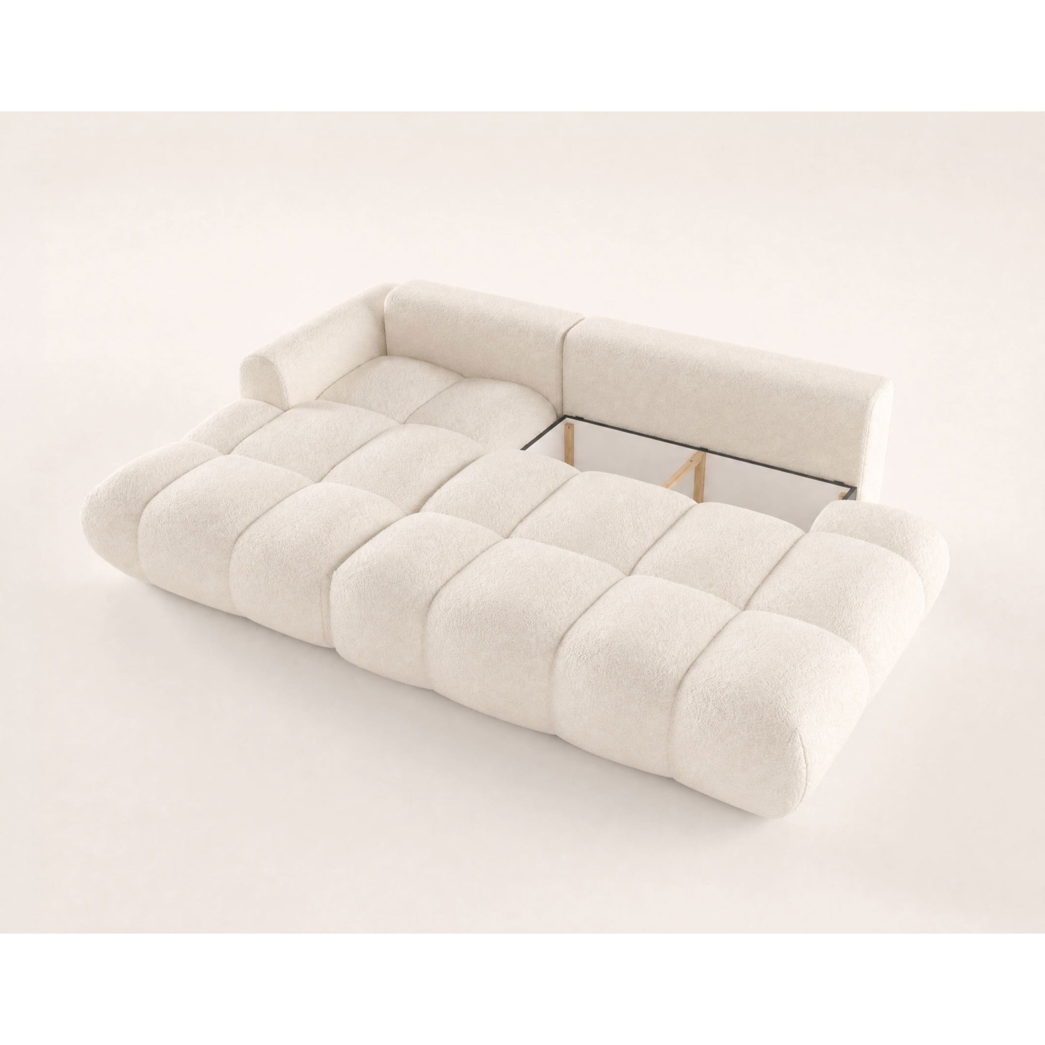 Yulin - Canapé d'angle ouvert gauche 4 places convertible avec coffre en tissu bouclette - Beige