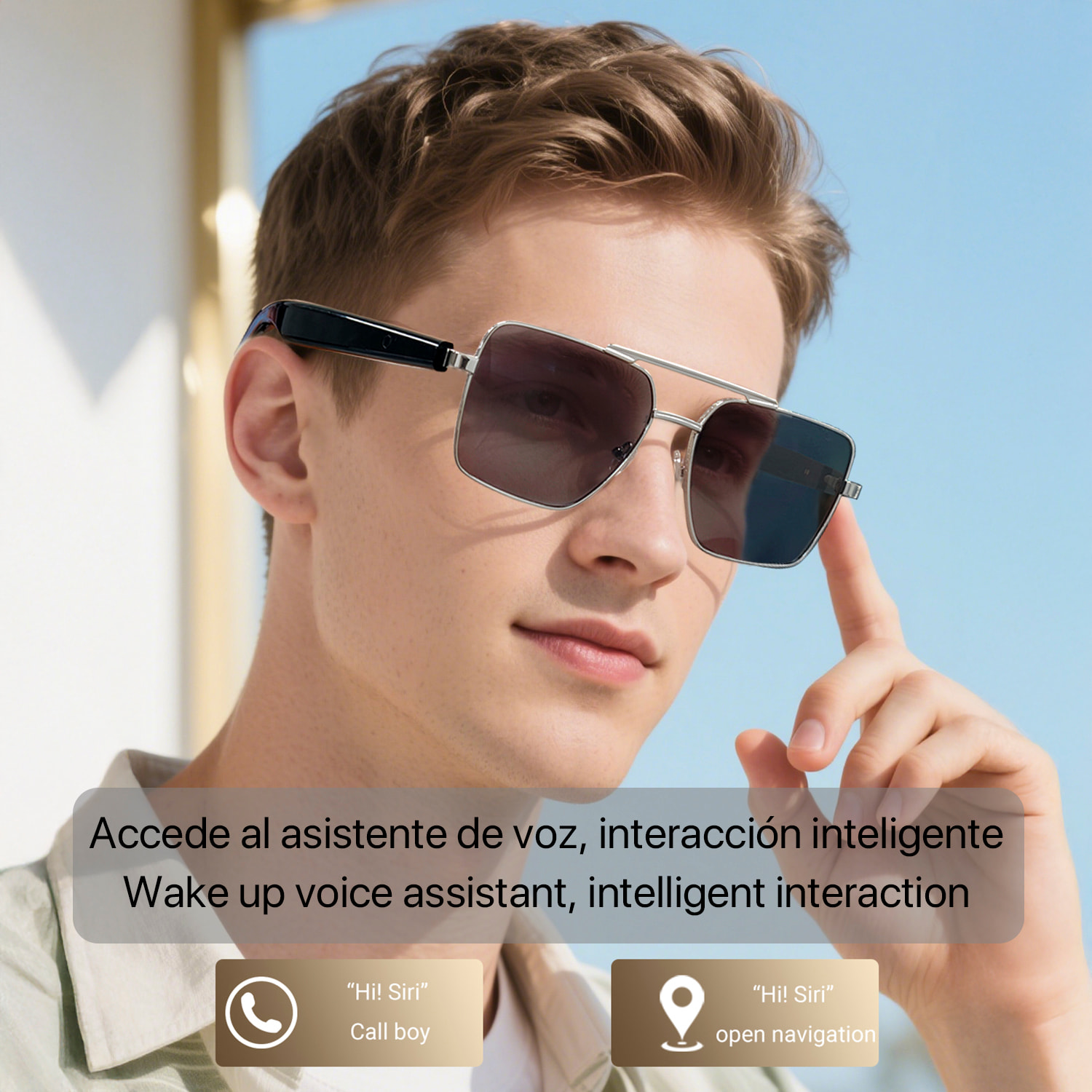 Gafas AI GT-30 con llamadas bluetooth, control remoto de cámara, reproducción de música y asistente de voz.