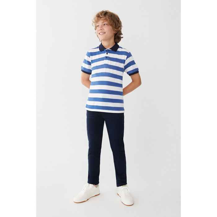 Polo Niño Rayas Azules y Blancas en Piqué 100% Algodón Cuello Clásico, Tapeta de Botones, Manga Corta, para Uso Diario y Colegio | Color: Raya azul | Street Monkey
