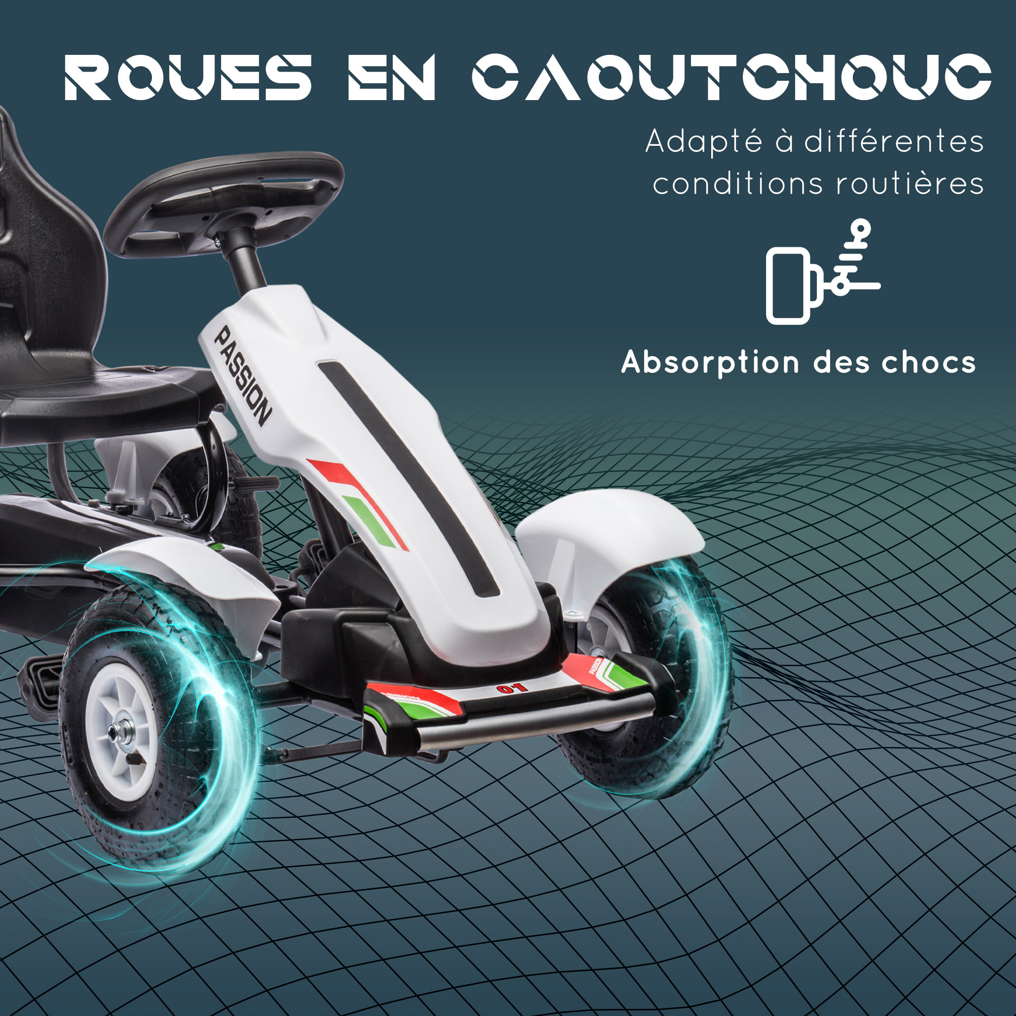 Kart à pédales enfant Go kart Formule 1 Racing passione italia pneus gonflables caoutchouc blanc