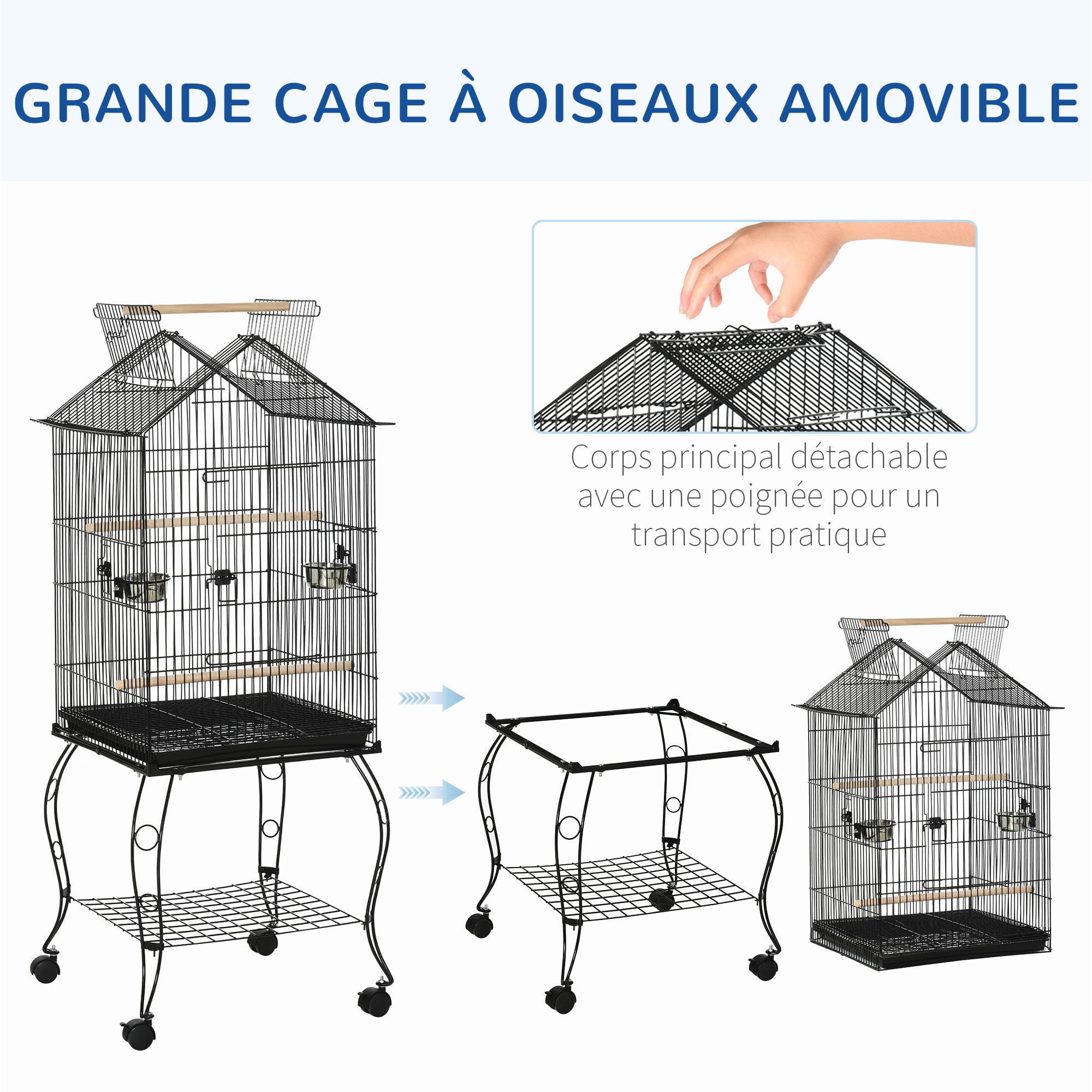 Cage à oiseaux sur pied volière avec 2 mangeoires perchoirs plateau amovible poignée et roulettes - 50 x 58 x 137-145 cm noir