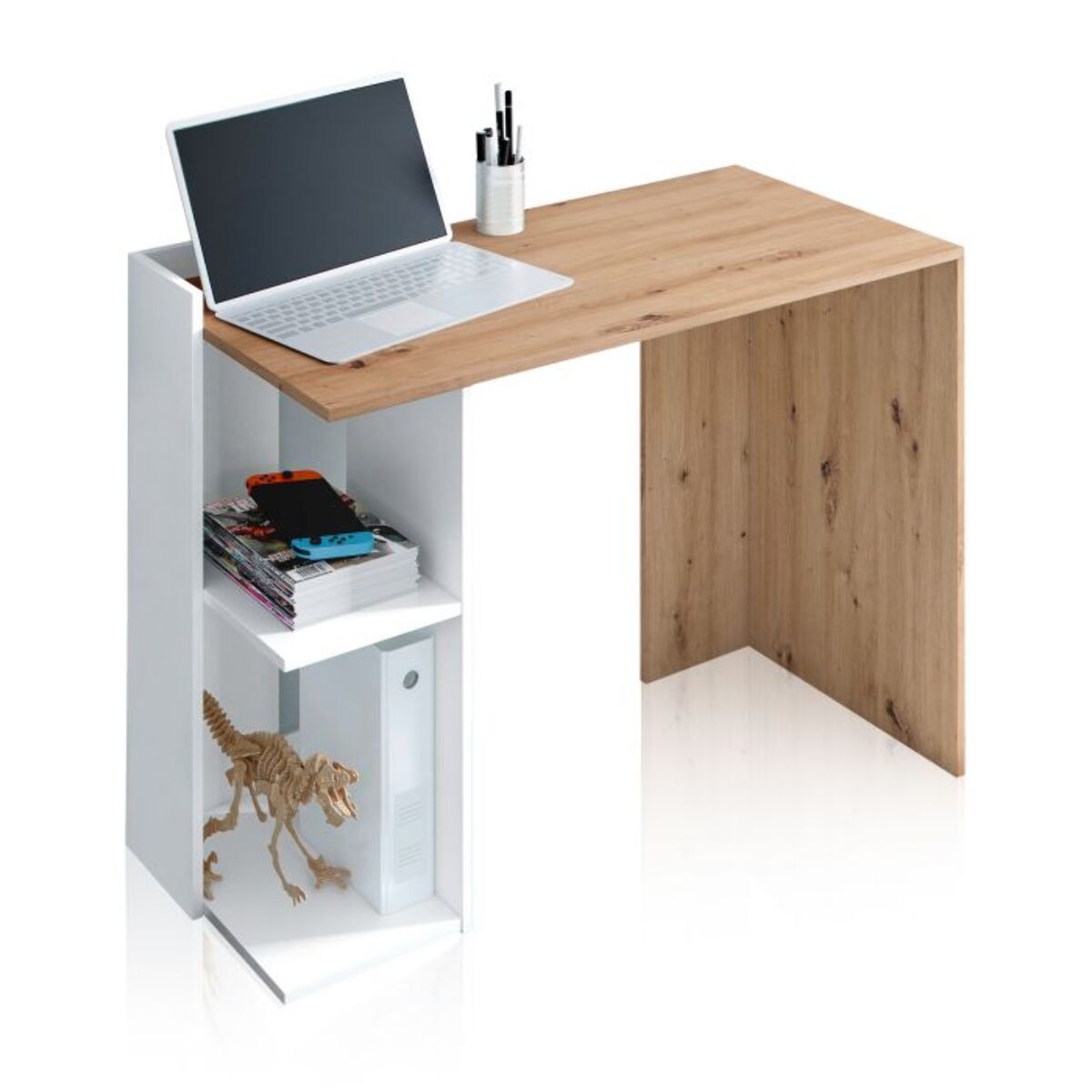 Mesa de escritorio Dess Blanco Artik (Blanco Mate) - Roble Nodi