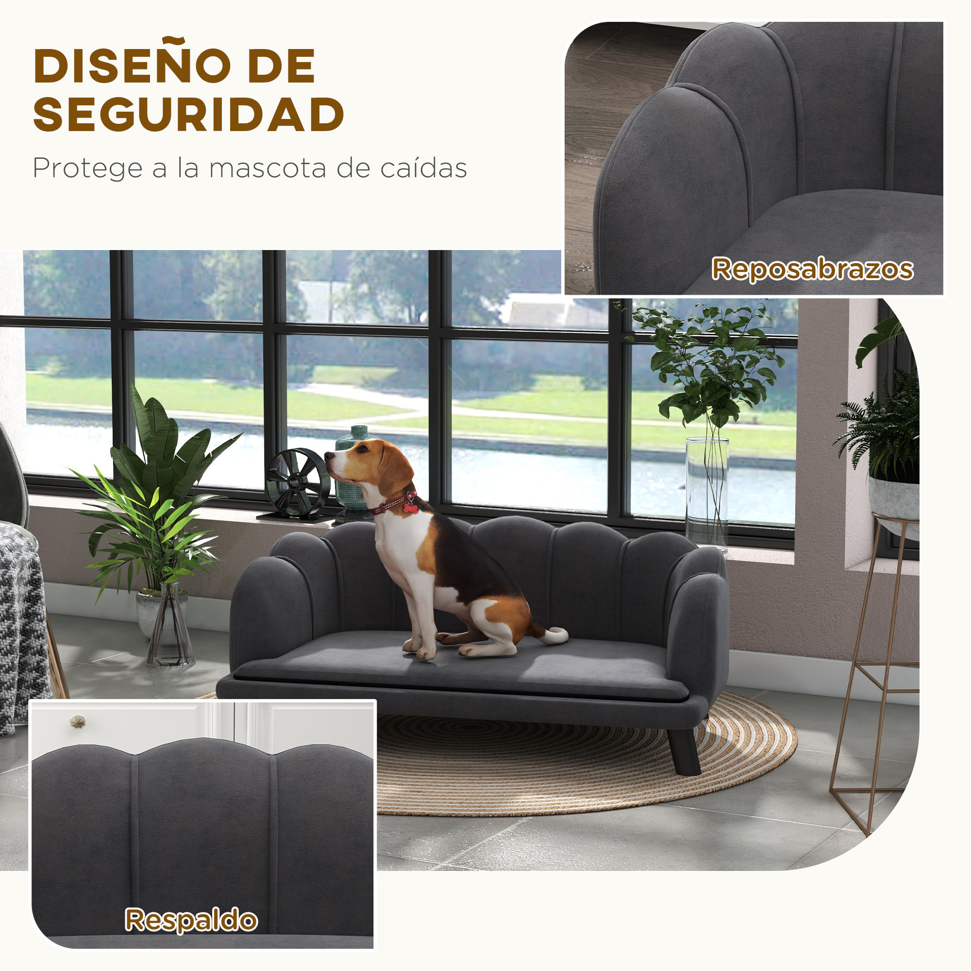 Sofá para Perros Medianos Sofá Cama para Mascotas Gatos Tapizado en Terciopelo con Patas de Madera Carga 25 kg 98,5x60,5x35,5 cm Gris Oscuro