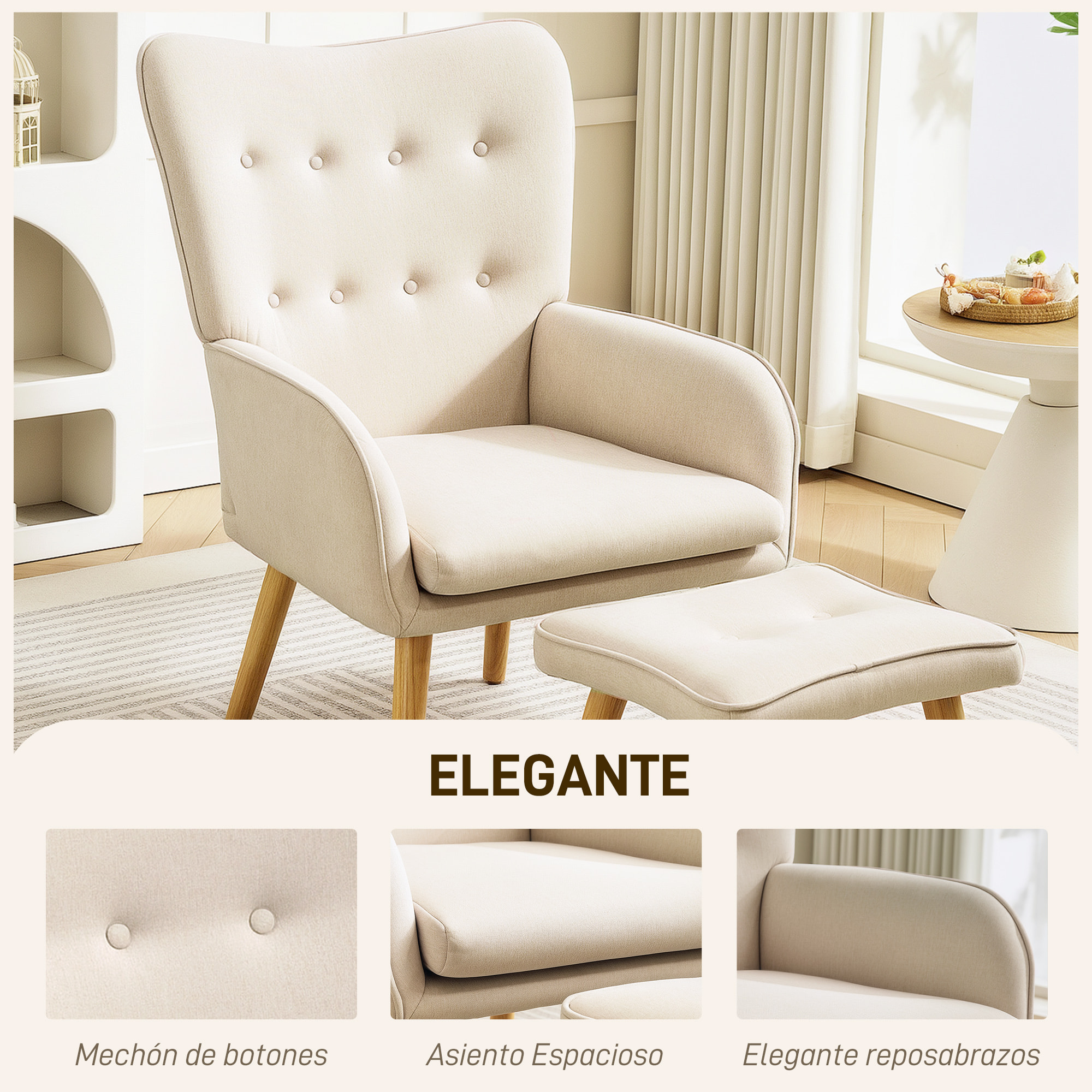 Sillón con Reposapiés Sillón Lectura con Respaldo Alto Capitoné Patas de Madera y Tapizado en Lino Butaca para Salón Dormitorio Oficina Beige