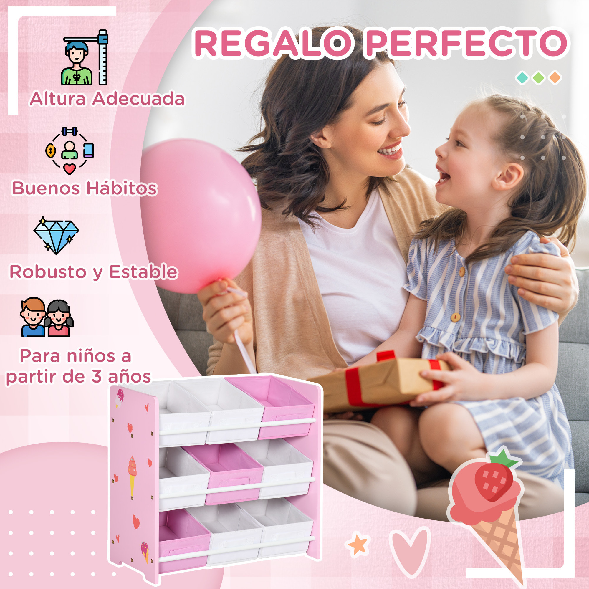 Estantería Infantil con 9 Cajas de Tela no Tejida Extraíbles Organizador de Juguetes para Dormitorio Guardería 63x30x60 cm Rosa