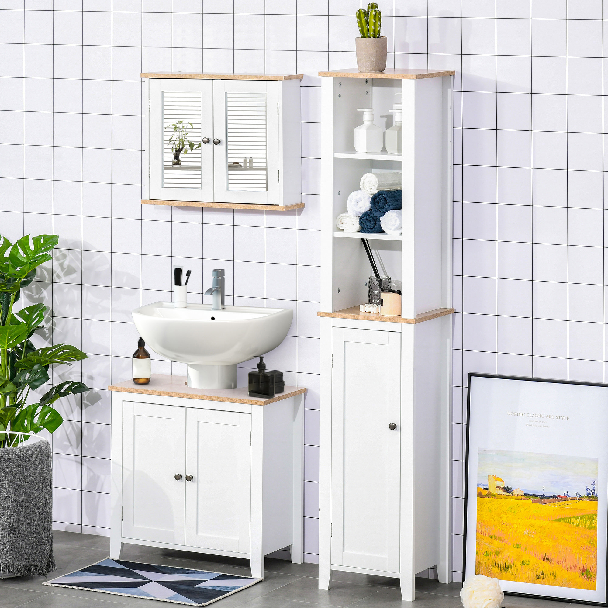 Armoire murale de salle de bain avec étagère réglable et 2 portes avec miroir en MDF - dim. 56I x 14P x 46H cm