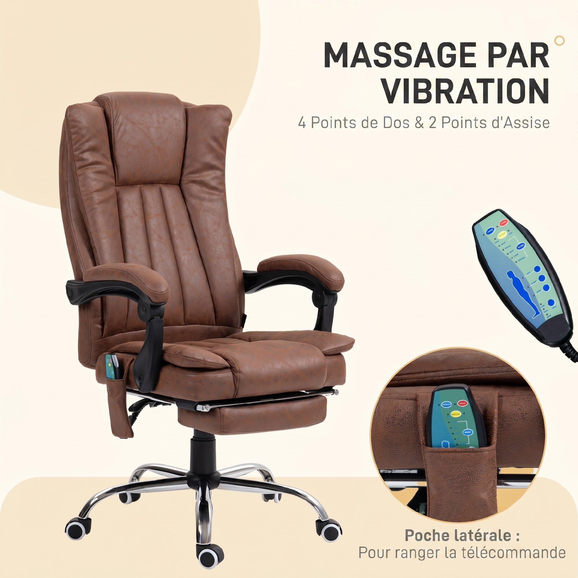 Fauteuil de bureau massant chauffant inclinable repose-pieds rétractable effet cuir vieilli