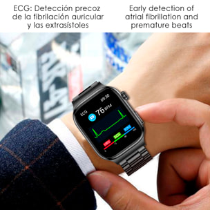 Smartwatch TK18. Llamadas Bluetooth con funciones avanzadas de salud: medición de glucosa, lípidos y ácido úrico, temperatura corporal, ECG, EDA, micro examen físico y composición corporal.