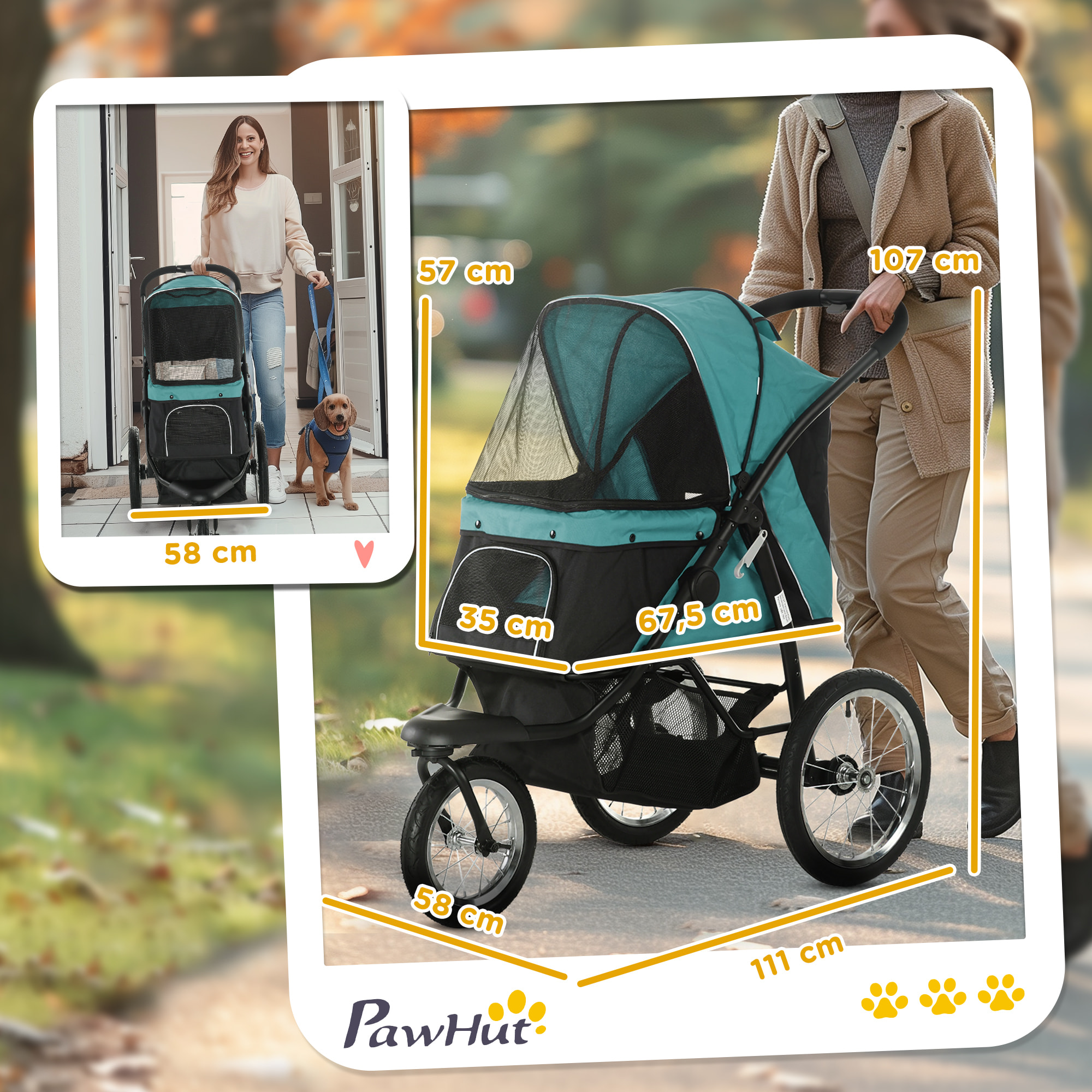 Poussette buggy pour chien pliable 3 grandes roues vert noir