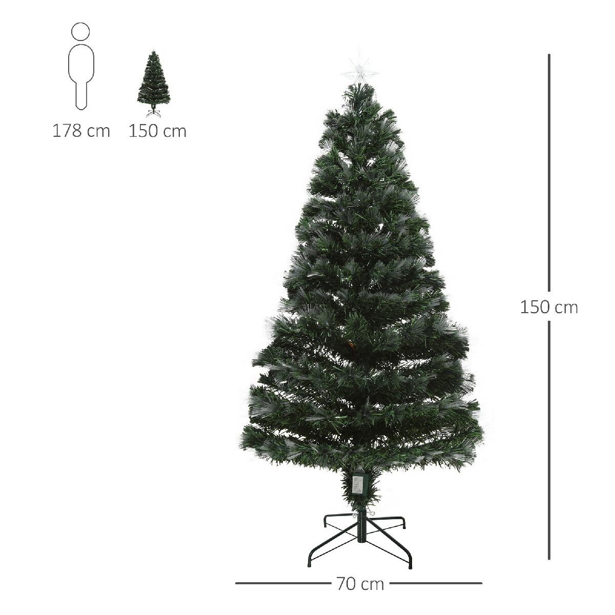 Sapin de Noël artificiel lumineux fibre optique LED 3 couleurs + support pied Ø 70 x 150H cm 170 branches étoile sommet brillante vert