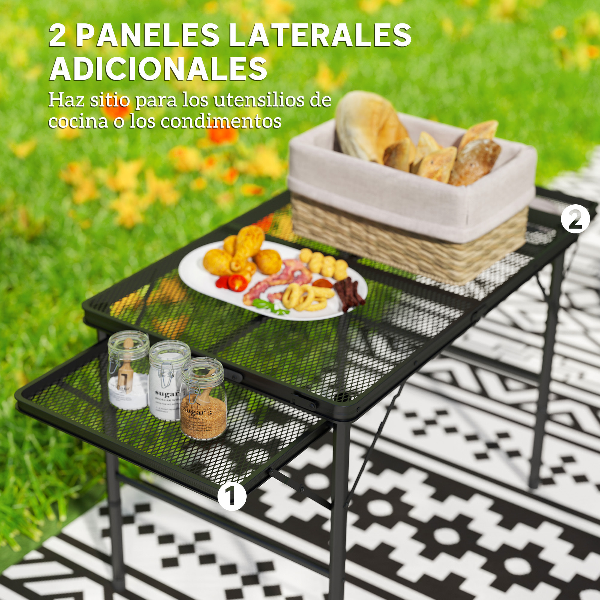 Mesa Plegable Camping de Aluminio 137x62x67 cm con Laterales Abatibles y Altura Ajustable Mesa Plegable Portátil Ligera con Encimera Metálica de Rejilla para Acampar Senderismo Playa Negro