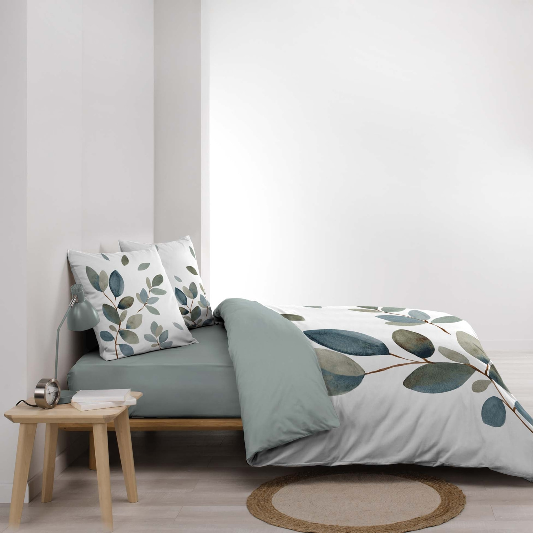 Parure de lit 3 pièces 100 % coton imprimé à motif végétal housse + taies - Bleu