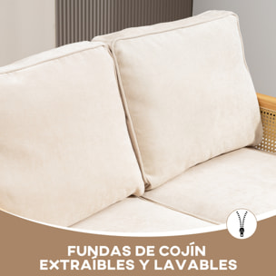 Sofá de 2 Plazas Tapizado en Chenilla Sofá de Salón con 2 Almohadas Lavables y Reposabrazos de Ratán Sintético Sofá Pequeño Carga 240 kg 123x75x88 cm Beige