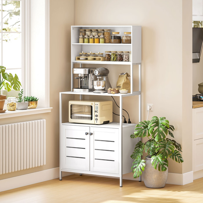 Estantería de Cocina con Toma de Corriente Soporte para Microondas Estante de Cocina con 2 Puertas con Lamas 2 Puertos USB y Compartimentos para Comedor Salón Blanco
