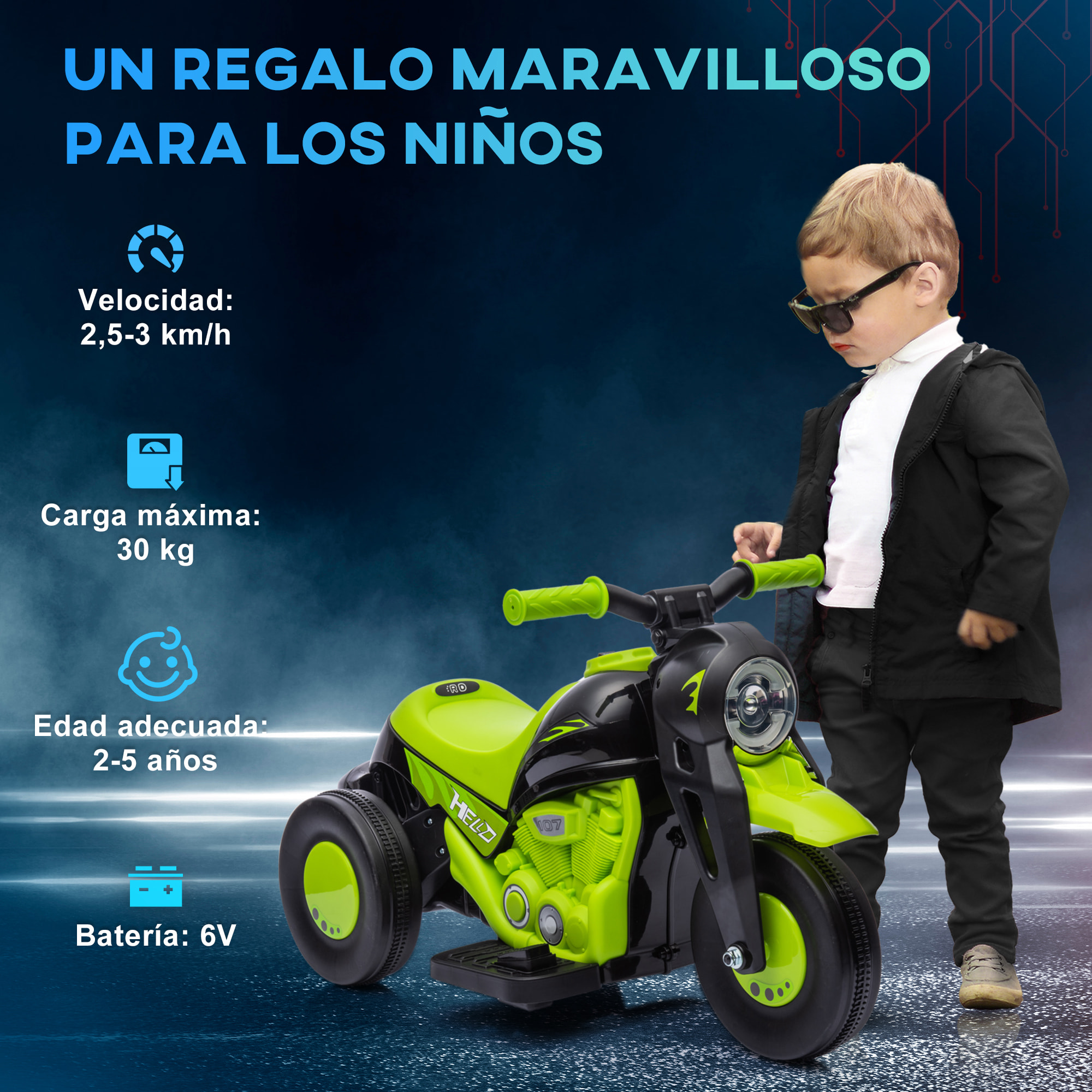 Moto Eléctrica para Niños de +2 Años Moto de Batería para Niños 6V con Función de Soplar Burbujas Faros Música Moto para Niños con Velocidad 3 km/h Carga 30 kg Verde